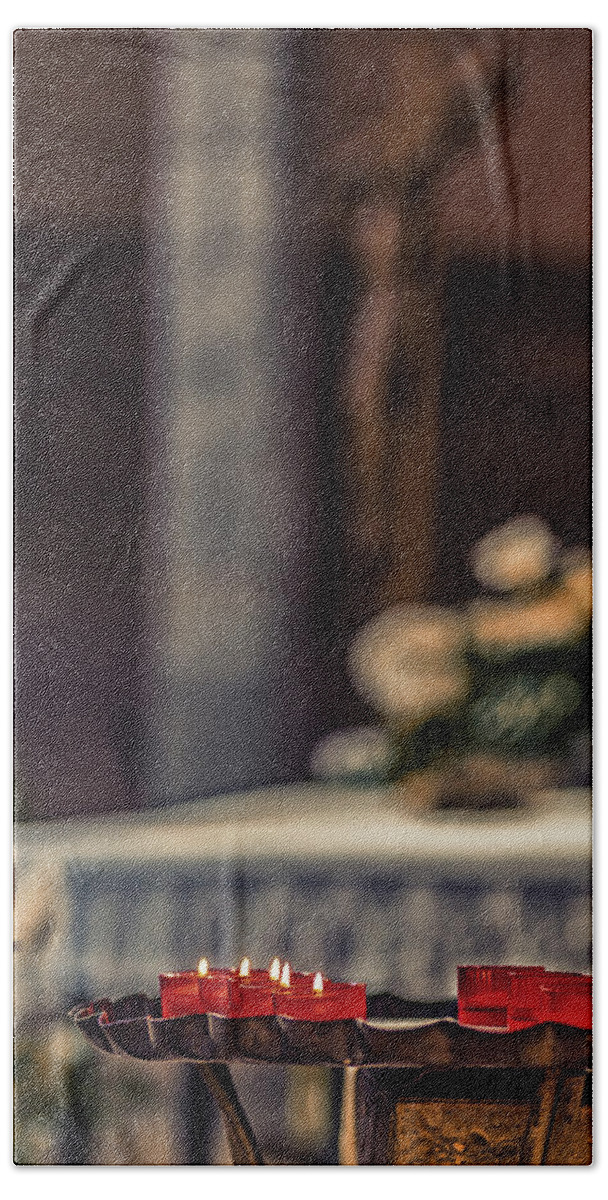 Christ Bath Towel featuring the photograph Red votive tealights by Vivida Photo PC