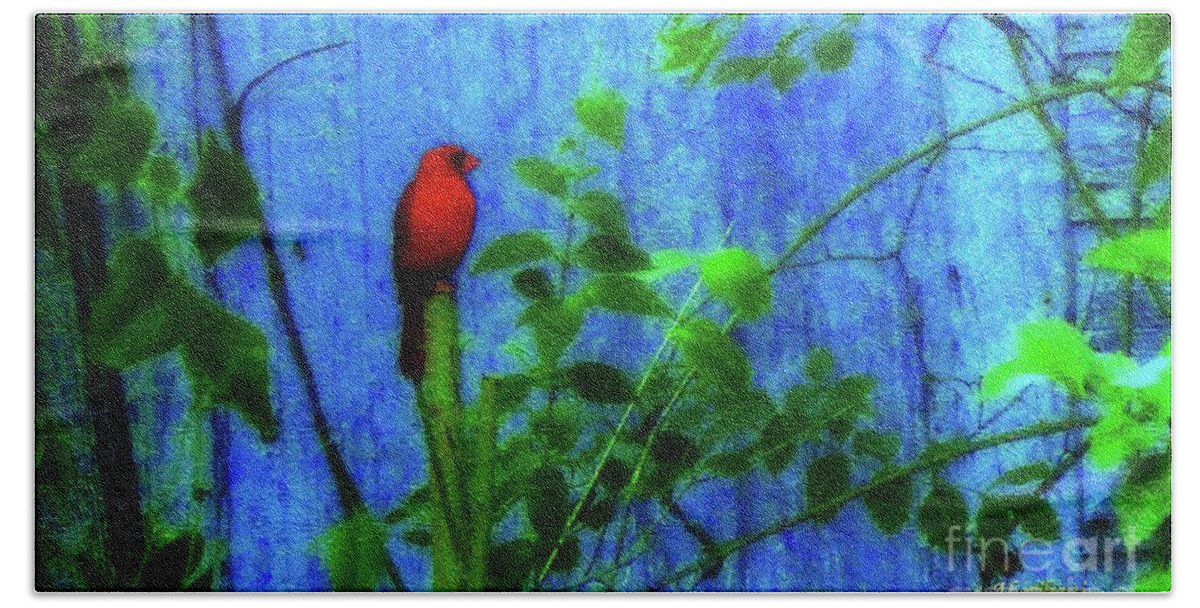 Earth Day Bath Towel featuring the photograph Redbird Enjoying the Clarity of a Blue and Green Moment by Aberjhani