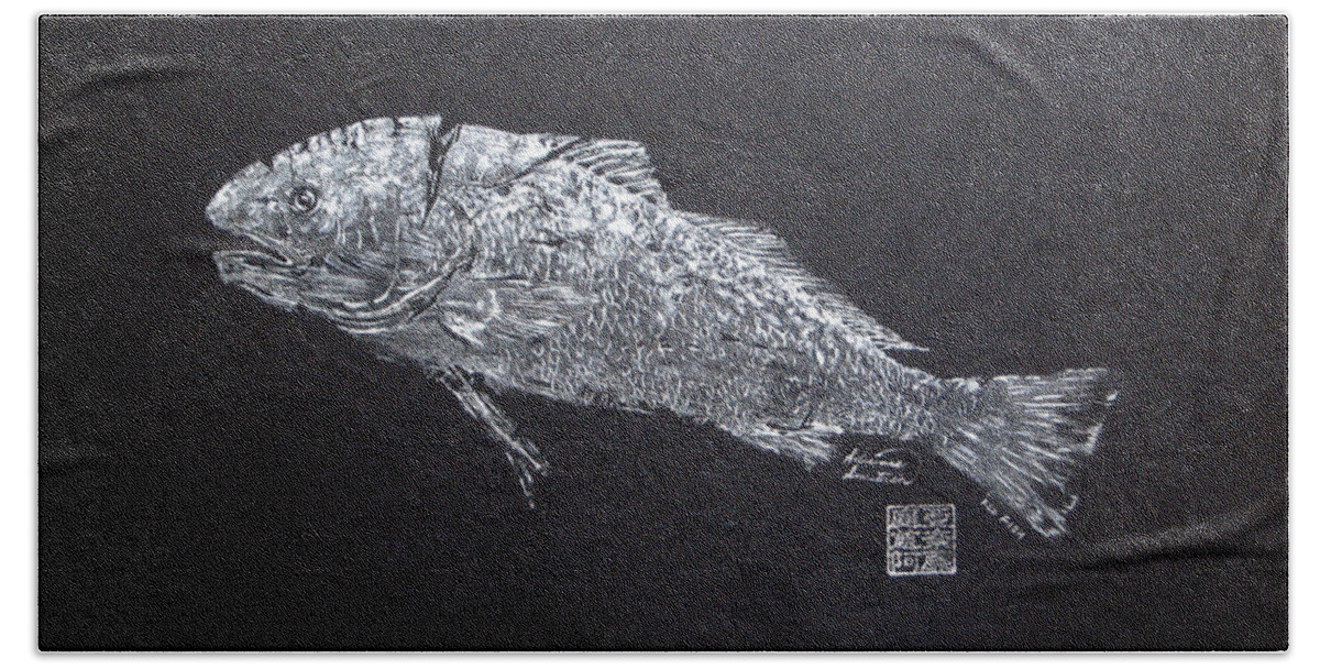 Redfish Hand Towel featuring the painting Redfish - Silver on Black Background by Adrienne Dye