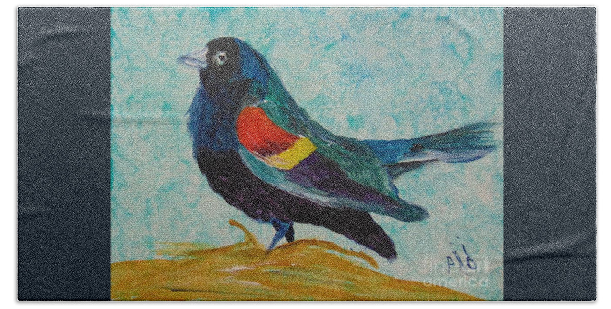 Red Bath Towel featuring the painting Redwinged Blackbird by Saundra Johnson