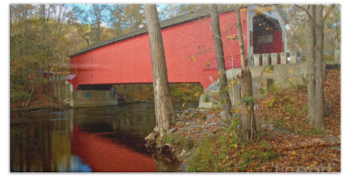 Eagleville Covered Bridge Bath Towel featuring the photograph Reflections Of The Eagleville Covered Bridge by Adam Jewell