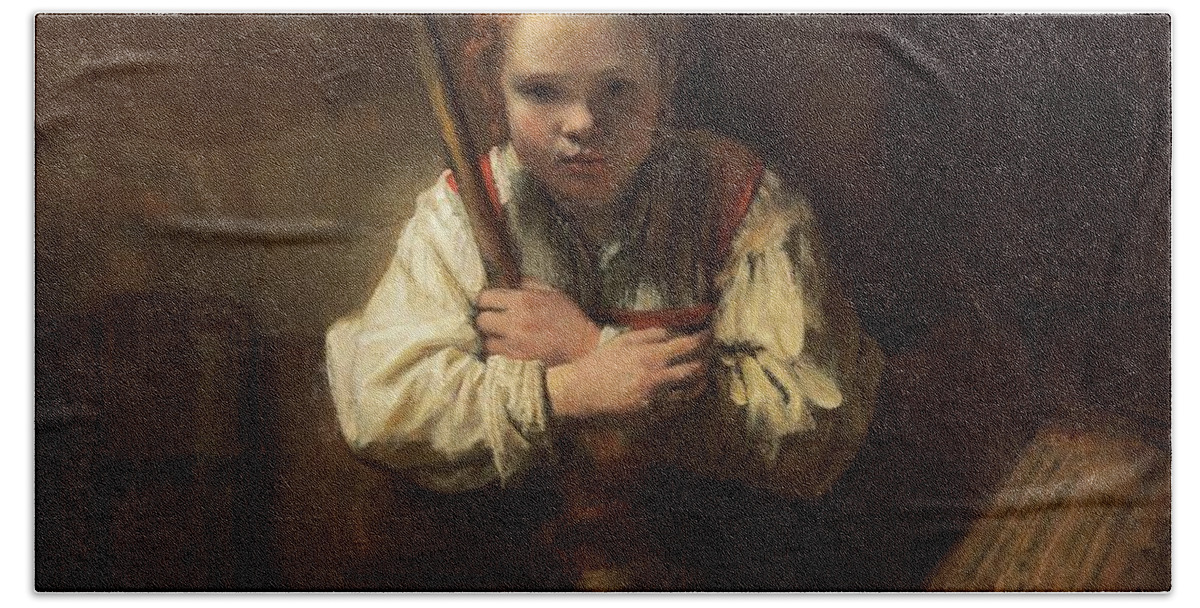 Oil On Canvas Bath Towel featuring the painting Rembrandt Workshop -Possibly Carel Fabritius- A Girl with a Broom. by Rembrandt Workshop -Possibly Carel Fabritius-