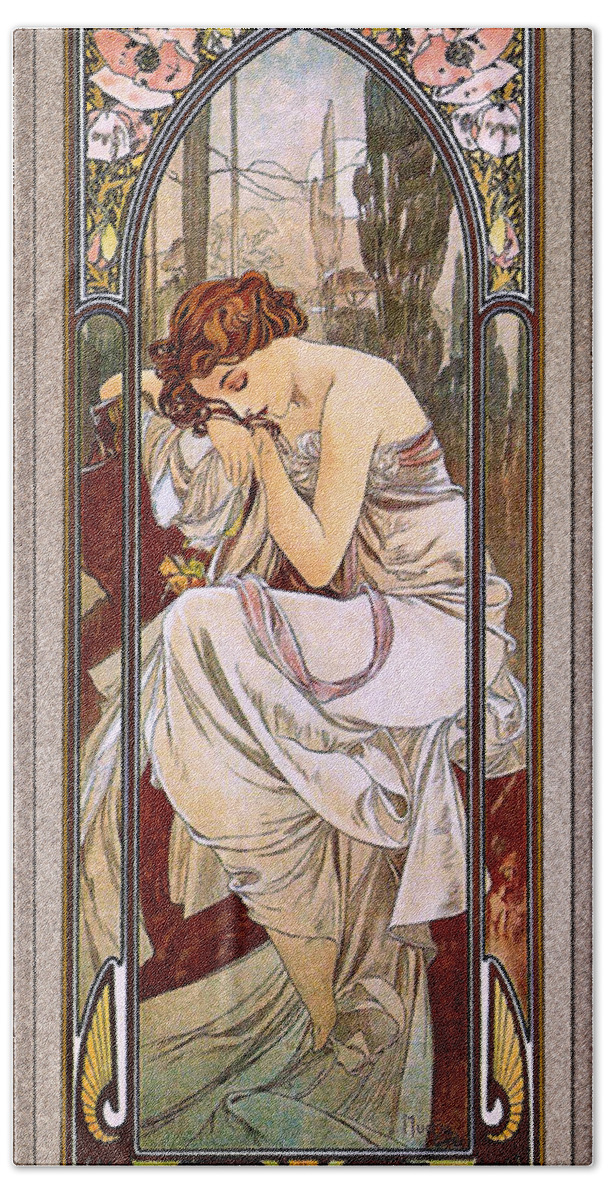 Rest Of The Night Bath Towel featuring the painting Rest Of The Night by Alphonse Mucha by Rolando Burbon