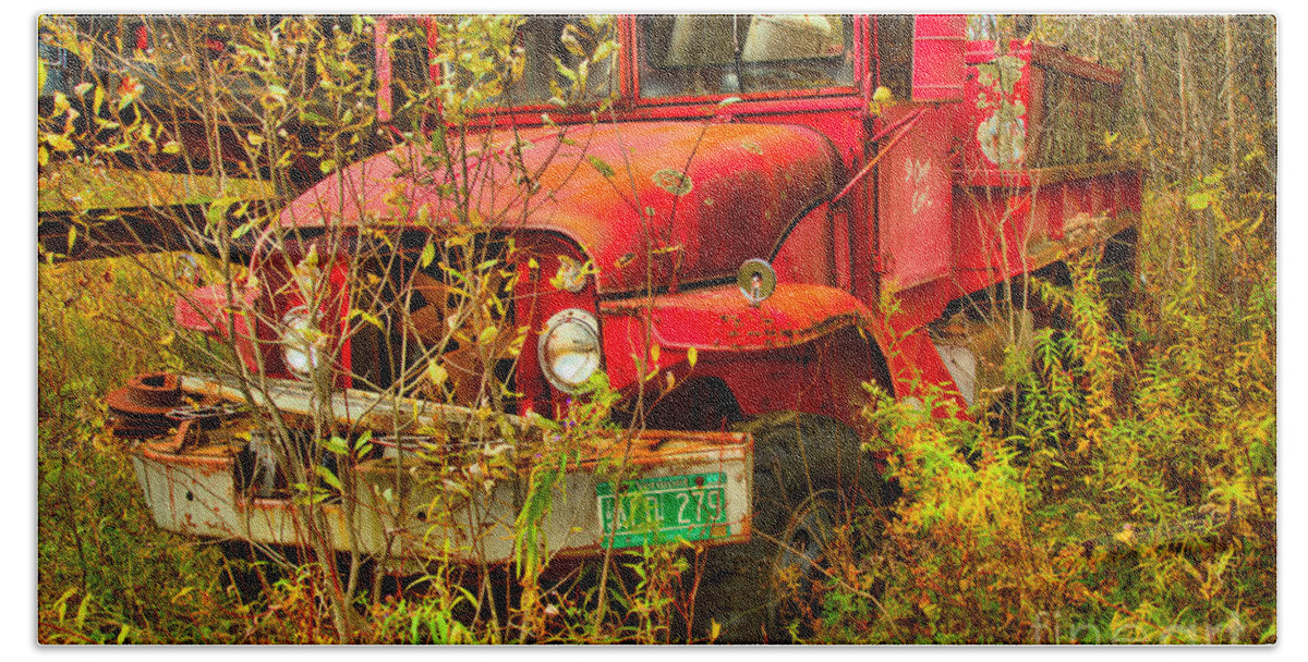 Fire Truck Hand Towel featuring the photograph Retired Red Fire Truck by Adam Jewell