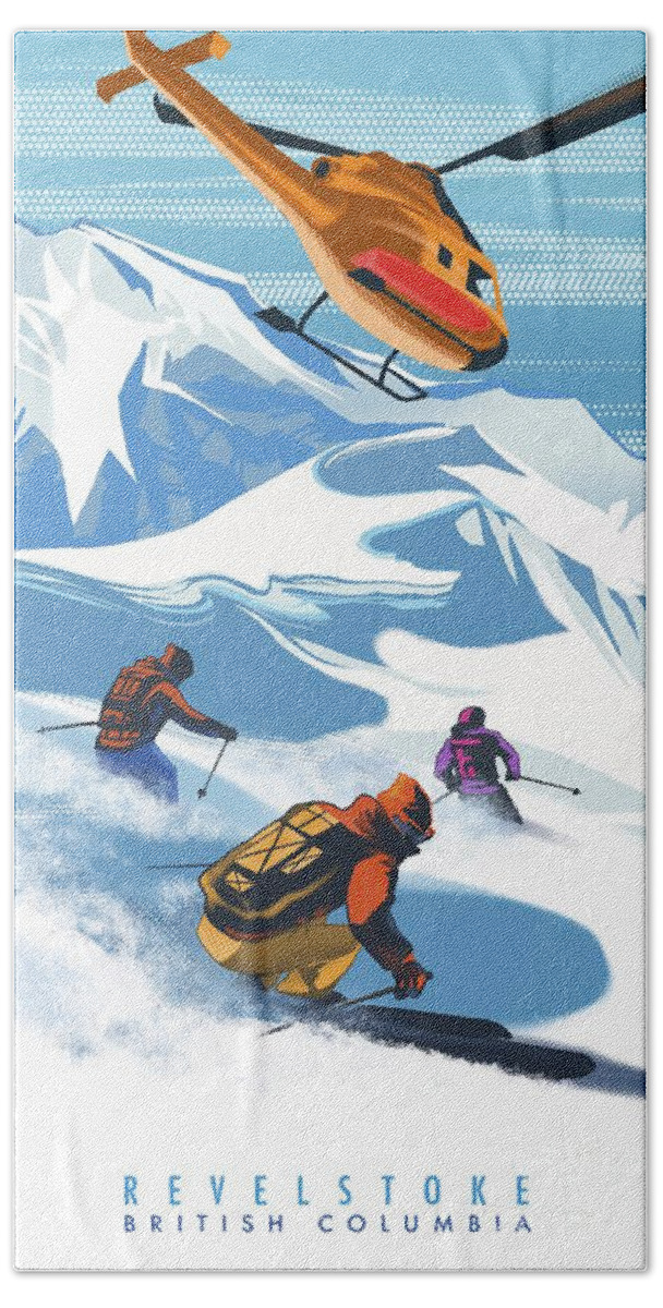 Skiing Hand Towel featuring the painting Retro Revelstoke Heliski Travel Poster by Sassan Filsoof