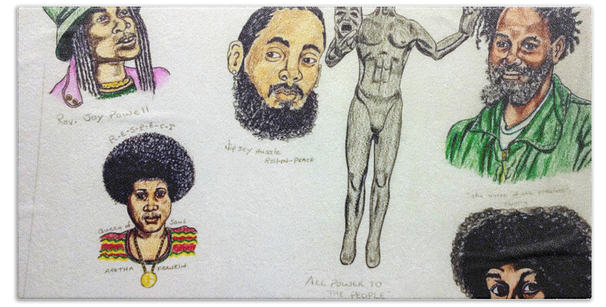 Black Art Bath Towel featuring the drawing Rev. Powell, Nipsey, Mumia, Aretha, and Assata by Joedee