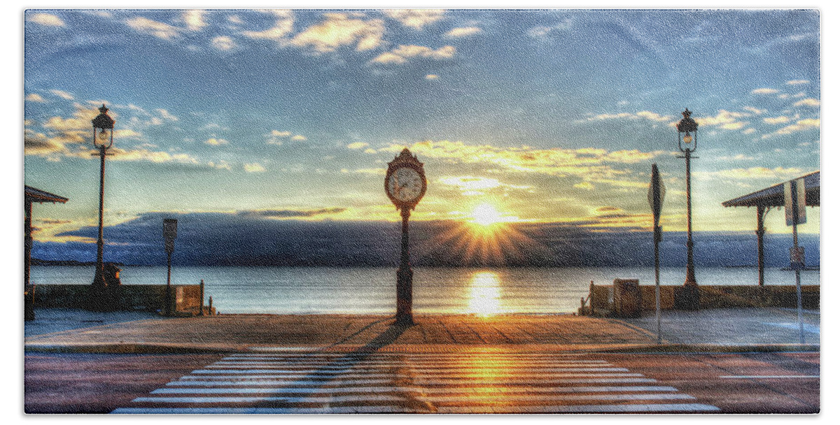 Revere Hand Towel featuring the photograph Revere Beach Clock at Sunrise Angled Long Shadow Revere MA by Toby McGuire