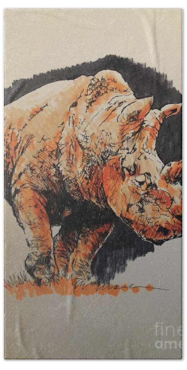 Rhino Africa Hand Towel featuring the drawing Rhino by Joe Bracco