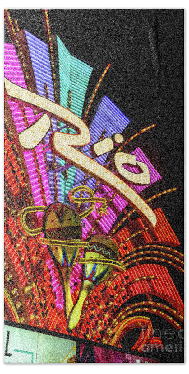 The Rio Hand Towel featuring the photograph Rio Casino Sign at Night low Angle from the North West by Aloha Art