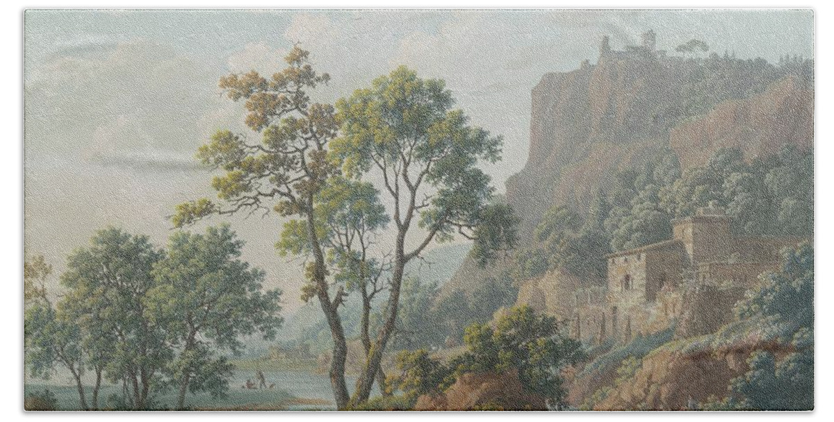 Landscape Hand Towel featuring the painting River Landscape With Castles And Fishermen by Baron Louis-albert-guillain Bacler D'albe