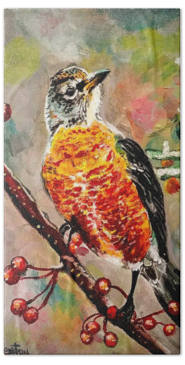 Bird. Birds Hand Towel featuring the painting Robin by Mike Benton