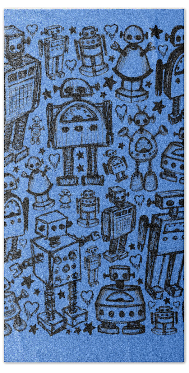 Robot Bath Towel featuring the drawing Robot Crowd Graphic by Roseanne Jones
