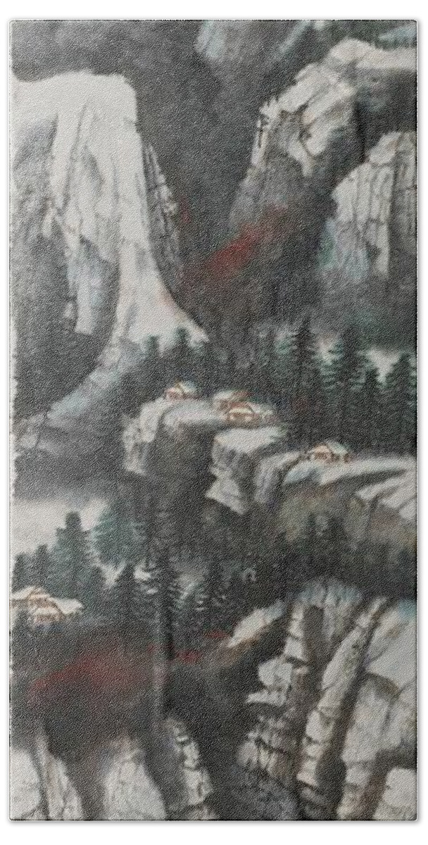 Chinese Watercolor Bath Towel featuring the painting The Four Seasons Version 2 - Winter by Jenny Sanders