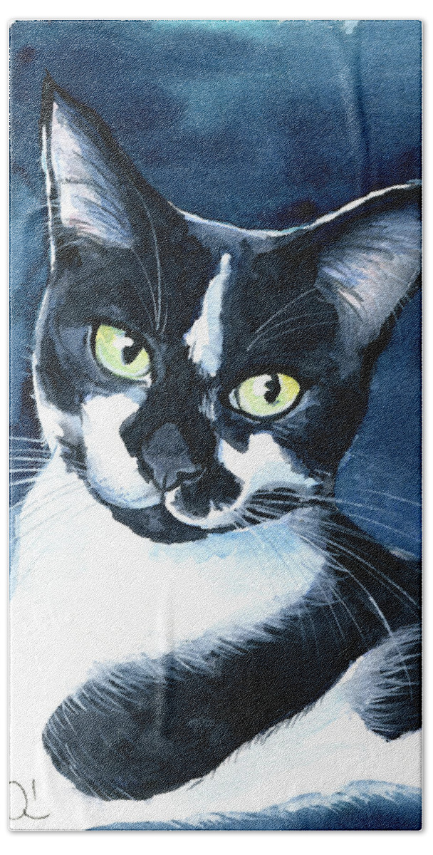 Rollie Hand Towel featuring the painting Rollie Tuxedo Cat Painting by Dora Hathazi Mendes