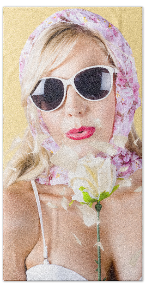 Kiss Bath Towel featuring the photograph Romantic woman with flower by Jorgo Photography