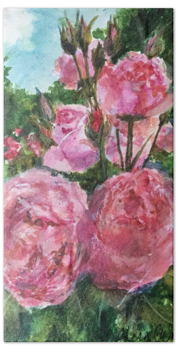 Pink Bath Towel featuring the painting Rose Garden by Cheryl Wallace