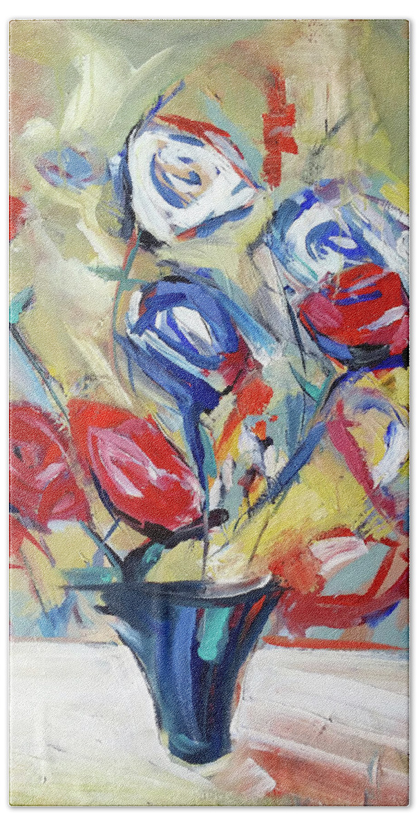  Bath Towel featuring the painting Roses and Bluez by John Gholson