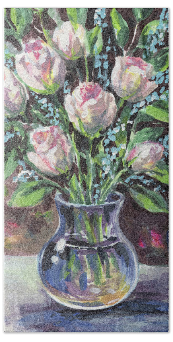 Rose Bath Towel featuring the painting Roses Bouquet In Glass Vase Floral Impressionism by Irina Sztukowski