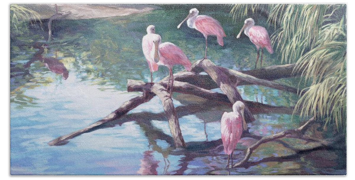 Spoonbills Hand Towel featuring the painting Rosette Spoonbills by Laurie Snow Hein