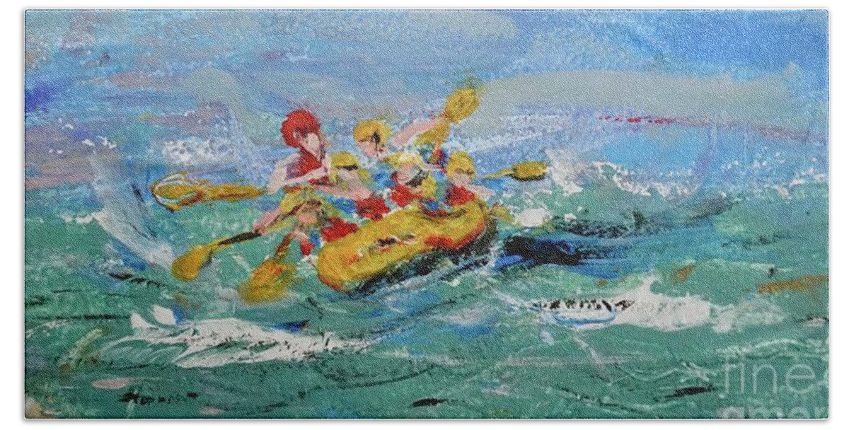 White Water Rafting Bath Towel featuring the painting Rough Waters Rafting by Patty Donoghue