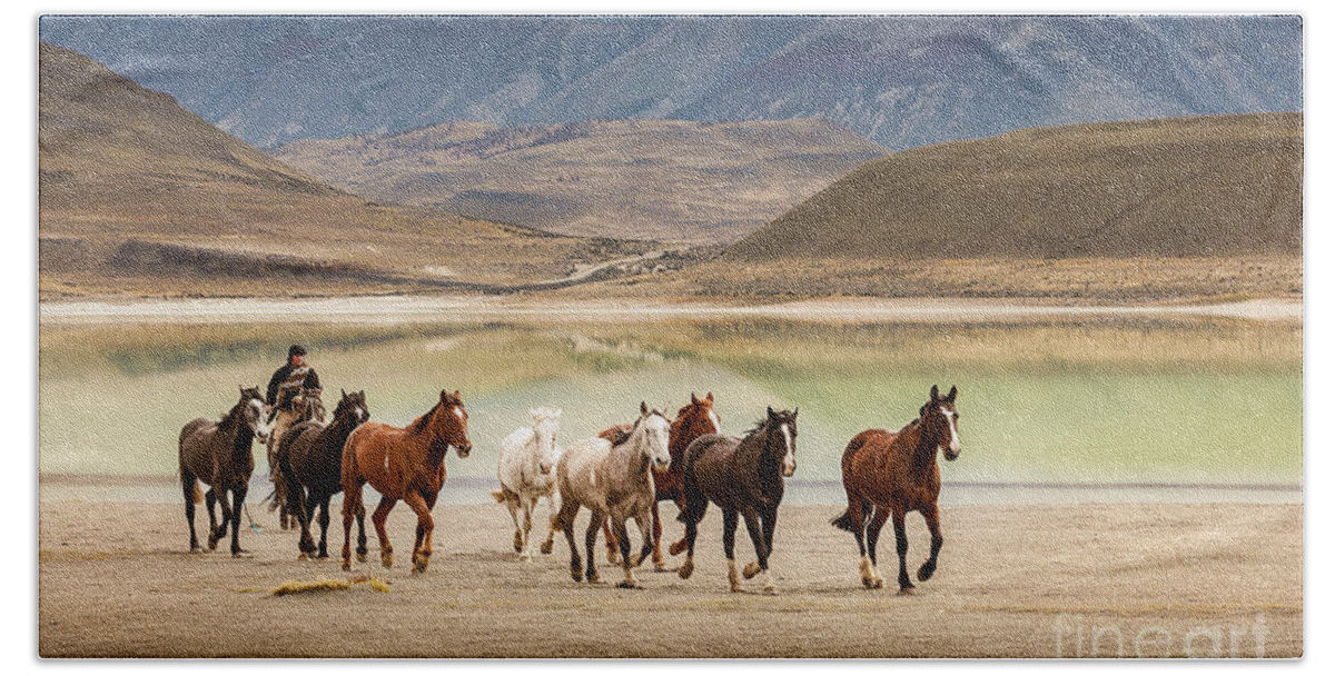 Chile Hand Towel featuring the photograph Rounding up the horses by Patti Schulze