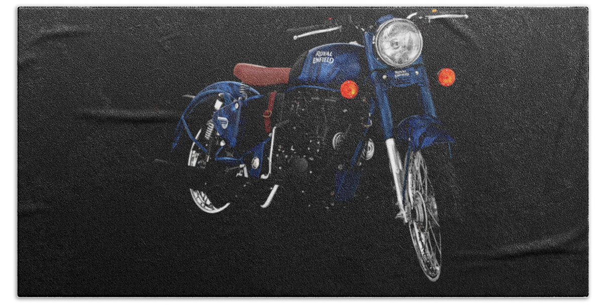 Royal Enfield Hand Towel featuring the mixed media Royal Enfield Classic 500 Squadron Blue by Smart Aviation