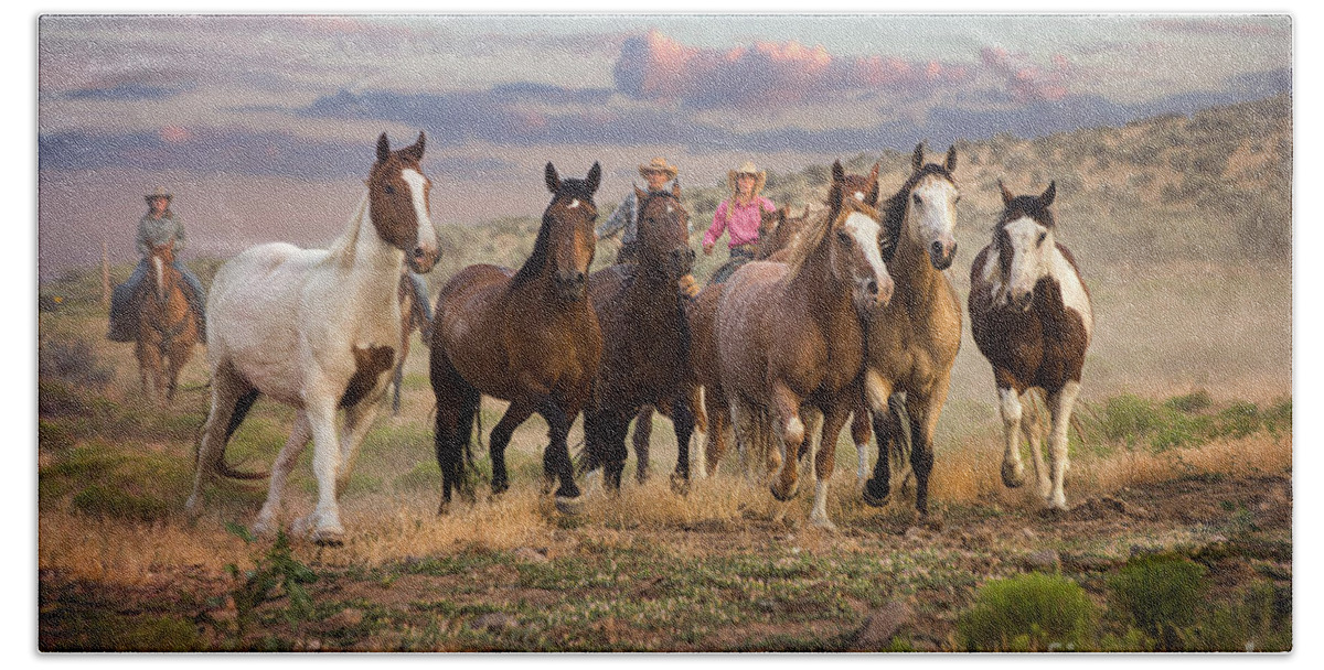 Horses Hand Towel featuring the photograph Running at Dusk by Diane Diederich