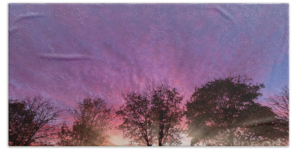 Alone Bath Towel featuring the photograph Rural purple sunset over winter trees by Simon Bratt