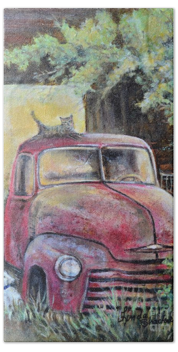  Red Truck Car Bath Towel featuring the painting Rusty Red Truck by Linda Shackelford