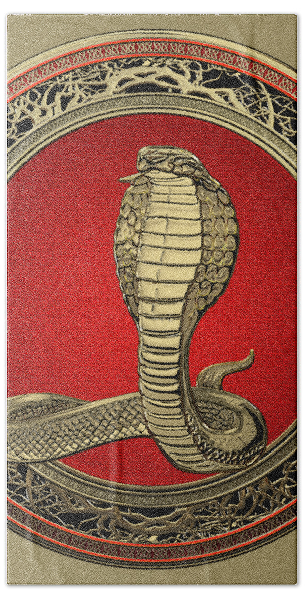 'beasts Creatures And Critters' Collection By Serge Averbukh Bath Towel featuring the digital art Sacred Gold King Cobra on White Leather by Serge Averbukh