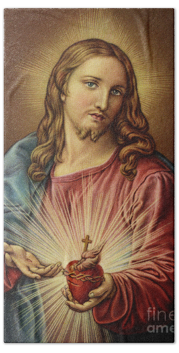 Sacred Hand Towel featuring the painting Sacred Heart of Jesus by Batoni by Pompeo Girolamo Batoni