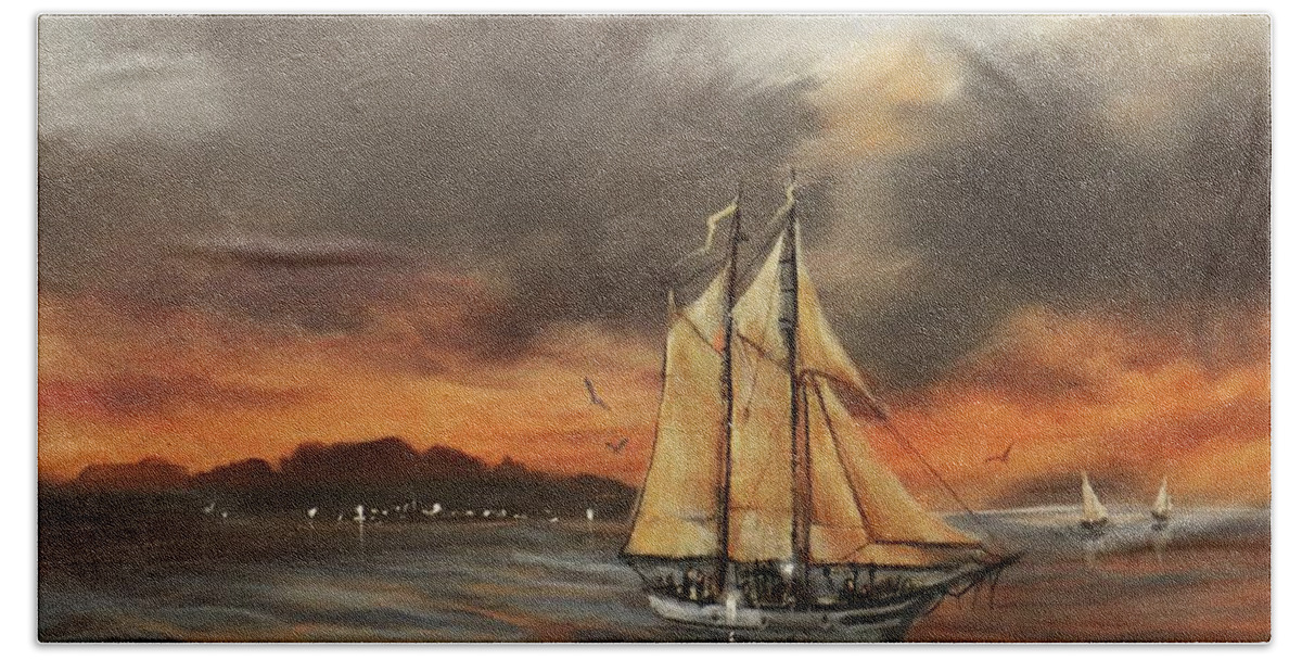 Schooner Hand Towel featuring the painting Safe Harbor by Tom Shropshire