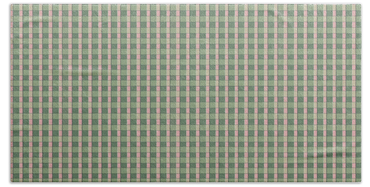 Green Bath Towel featuring the digital art Sage and Pink Checkerboard by Lisa Blake