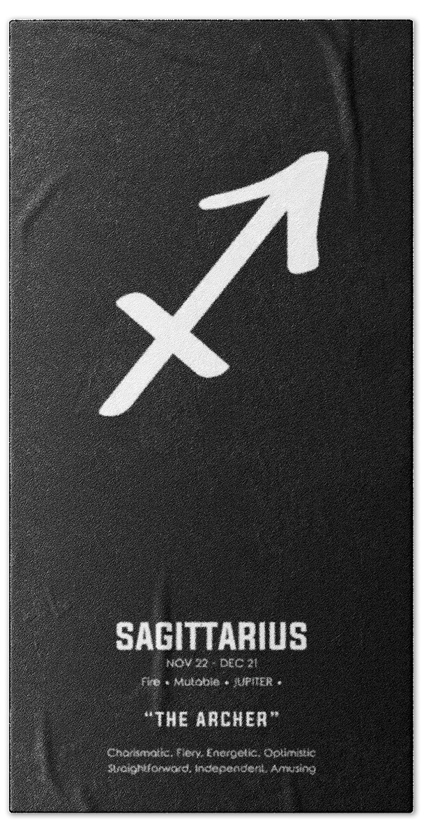 Sagittarius Bath Towel featuring the mixed media Sagittarius Print 2 - Zodiac Signs Print - Zodiac Posters - Sagittarius Poster - Black and White by Studio Grafiikka
