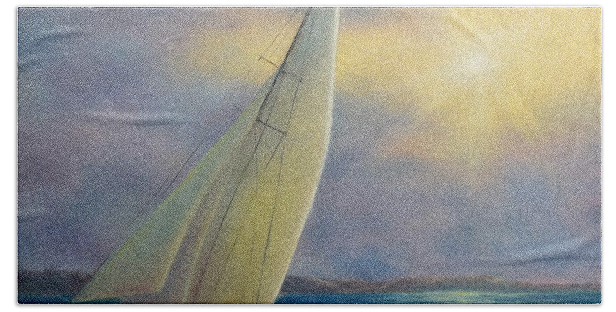 Sailboat Hand Towel featuring the painting Sailing at Sunset by Lynne Pittard