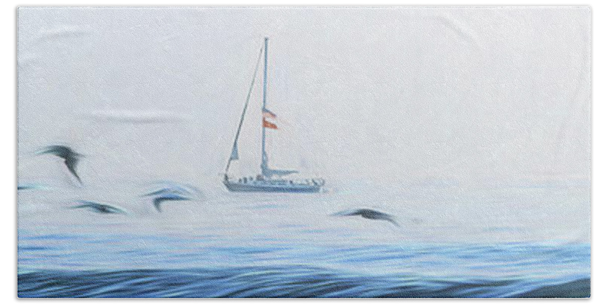 Sailboat Bath Towel featuring the photograph Sailboat And Gulls by Steven Sparks
