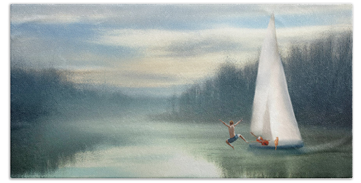 Sailing Boats Bath Towel featuring the mixed media Sailing Down the River by Colleen Taylor
