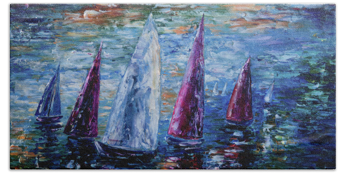  Olena Art Hand Towel featuring the digital art Sails To-Night Palette Knife Painting by OLena Art