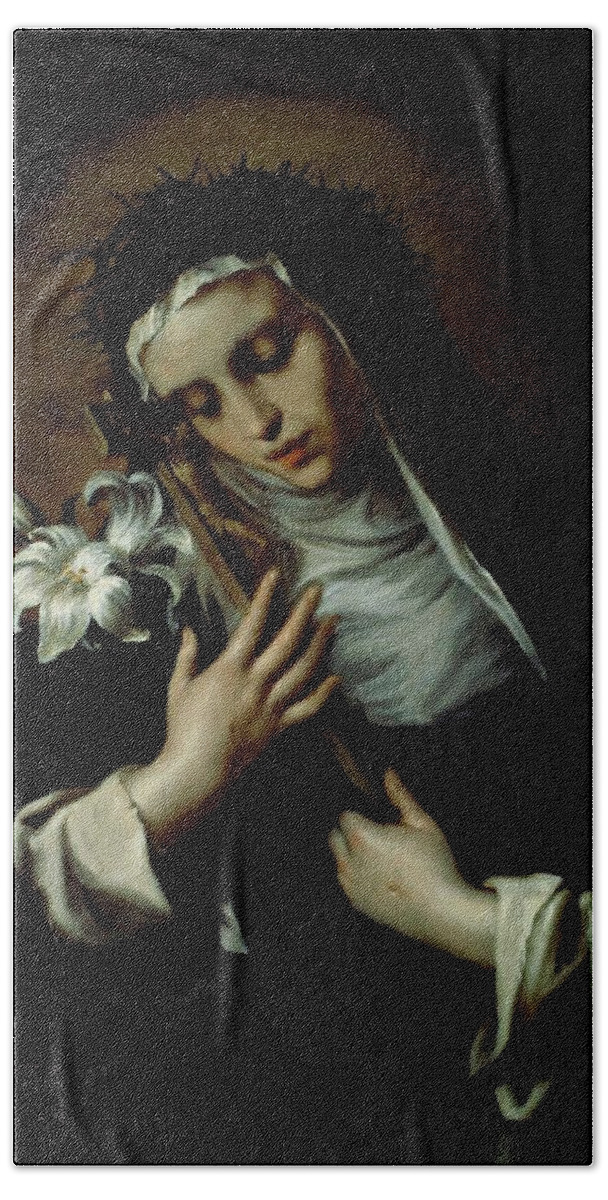 Santa Catalina Bath Towel featuring the painting 'Saint Catherine of Siena', Lombard artist, 17th century, Oil on canvas, 92 x 79 cm. by Album