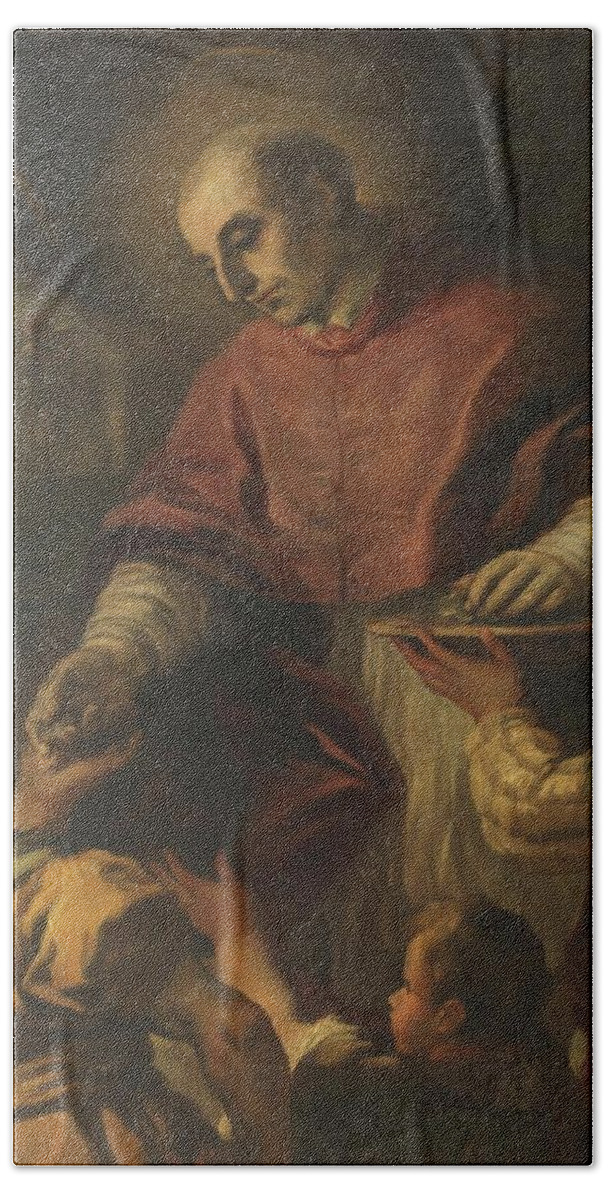 Giordano Luca Hand Towel featuring the painting 'Saint Charles Borromeo'. XVII century. Oil on canvas. by Luca Giordano -1634-1705-