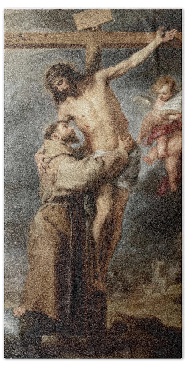 Bartolome Esteban Murillo Hand Towel featuring the painting Saint Francis embracing Christ, 1669 by Bartolome Esteban Murillo