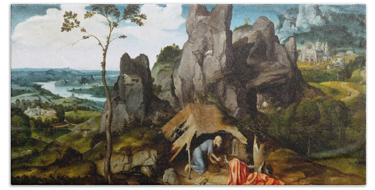 Joachim Patinir Bath Towel featuring the painting Saint Jerome in the Desert by Joachim Patinir