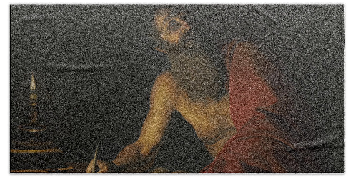 17th Century Art Bath Towel featuring the painting Saint Jerome Reading by Candlelight by Trophime Bigot