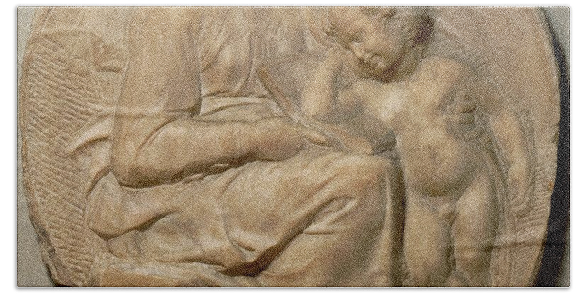 John The Baptist Bath Towel featuring the painting Saint Mary and child with young Saint John Baptist, andquot, Tondo Pittiandquot,,1503. Marble,Inv.93 by Michelangelo -1475-1564-