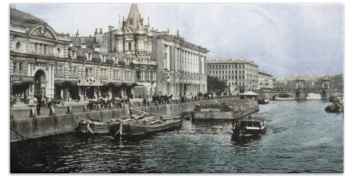 Colorized Bath Towel featuring the painting Saint Petersburg. Church of the Resurrection of Christ. Fontanka Embankment, 59. Demolished in the l by Celestial Images