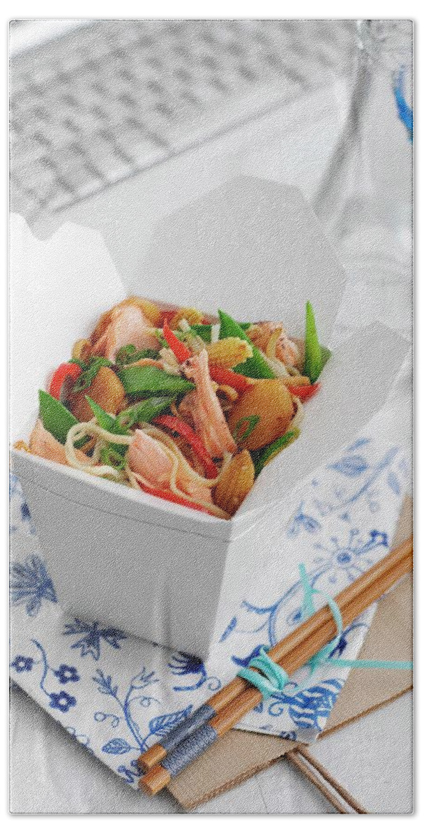 Ip_11973835 Hand Towel featuring the photograph Salmon And Noodles In A Lunchbox china by Gareth Morgans