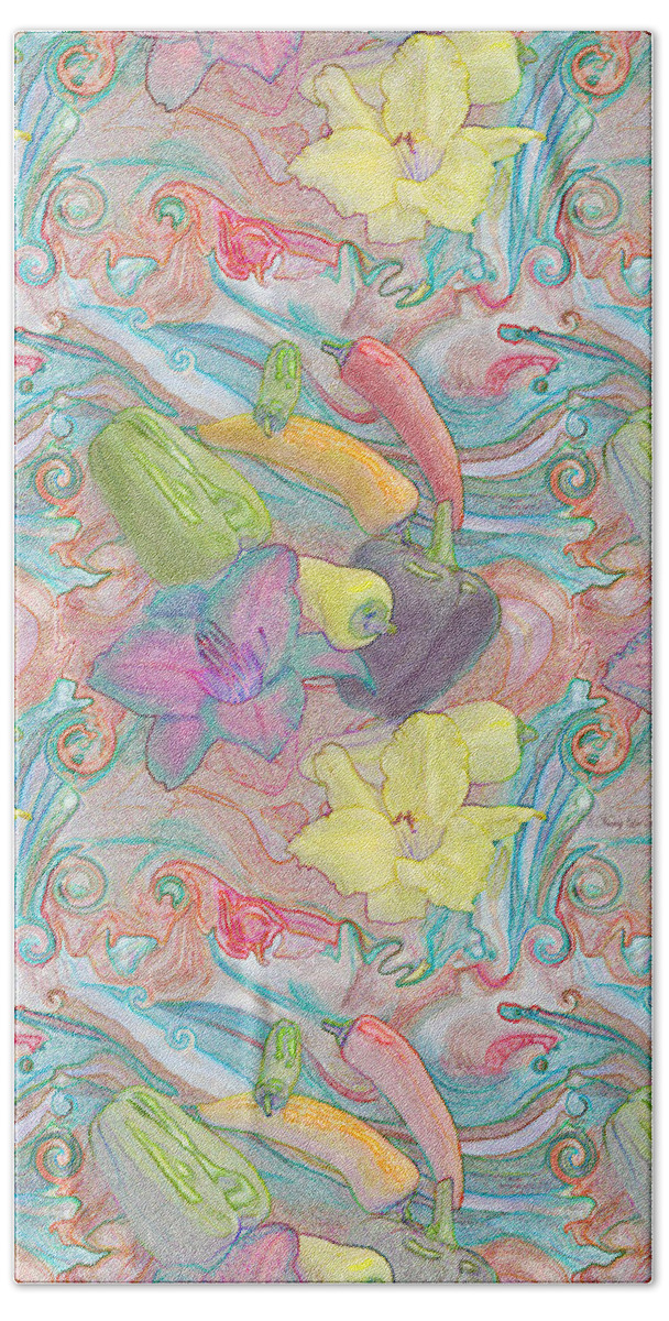 Blue And Peach Hand Towel featuring the mixed media Salsa Peppers and Daylilies with Swirls by Nancy Lee Moran