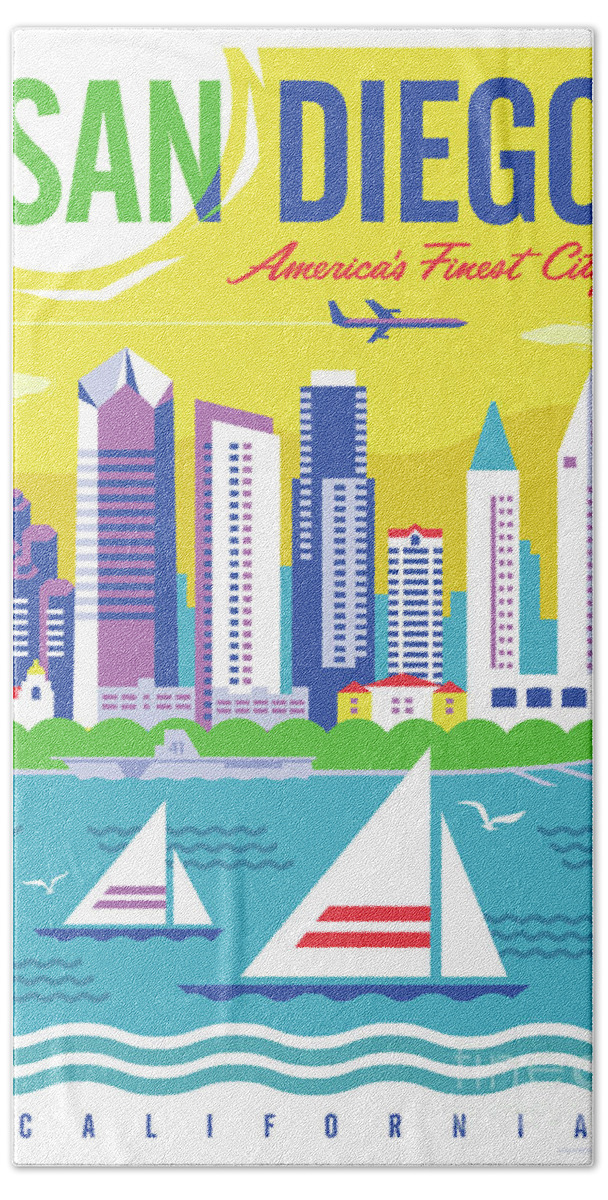 Pop Art Hand Towel featuring the digital art San Diego Poster - Retro Travel by Jim Zahniser