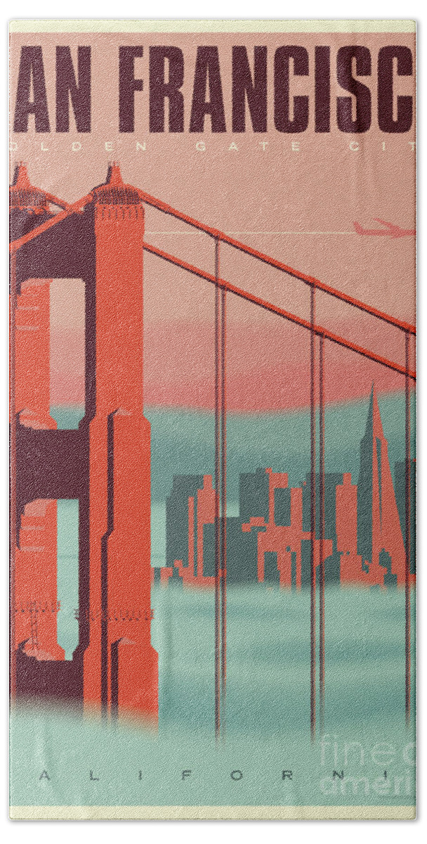 Mid Century Modern Hand Towel featuring the digital art San Francisco Poster - Vintage Travel by Jim Zahniser
