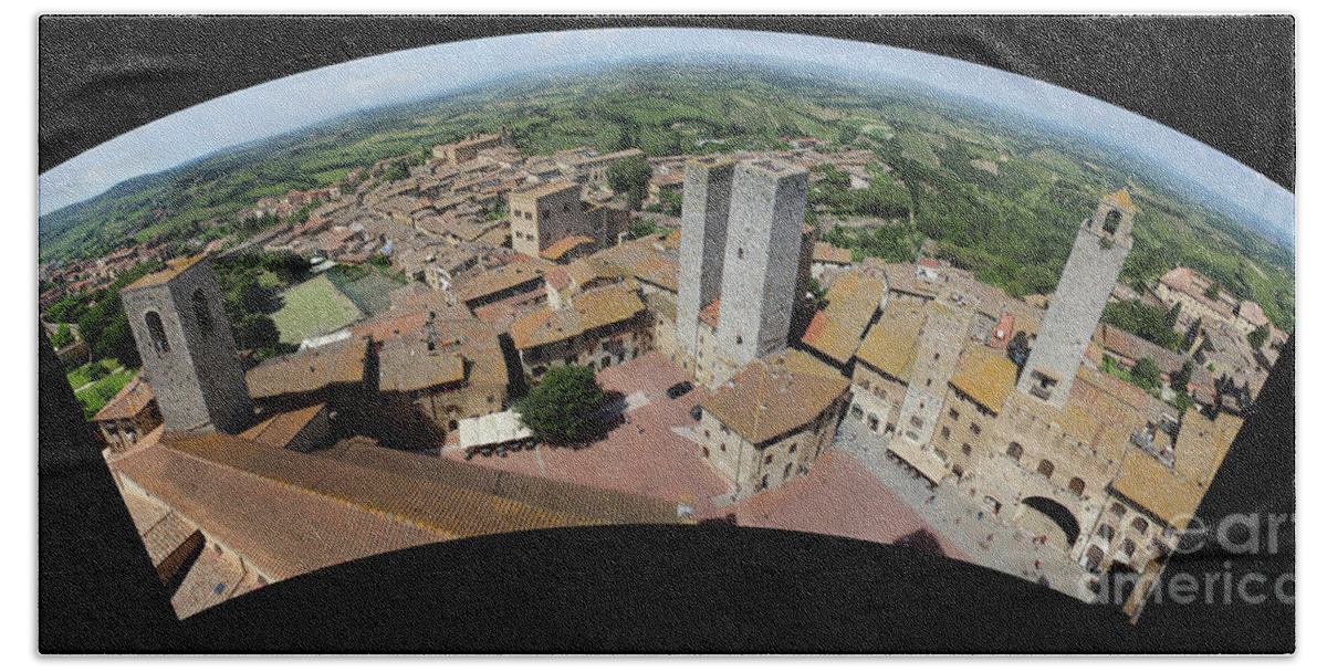 Landscape Bath Towel featuring the photograph San Gimignano city and panoramic landscape viewed from top of to by Adam Long